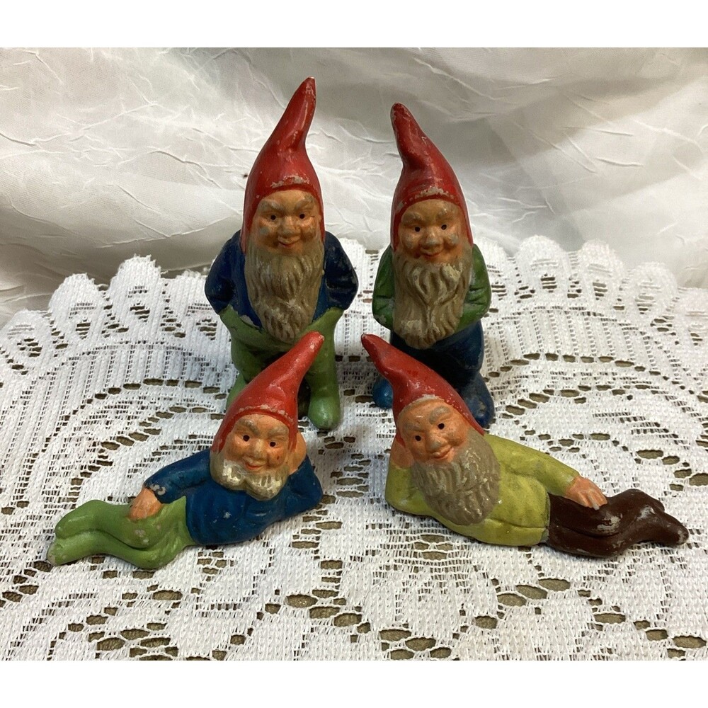 Miniature Ceramic Garden Gnomes Marked Japan Set Of Four Red Pointed Hats